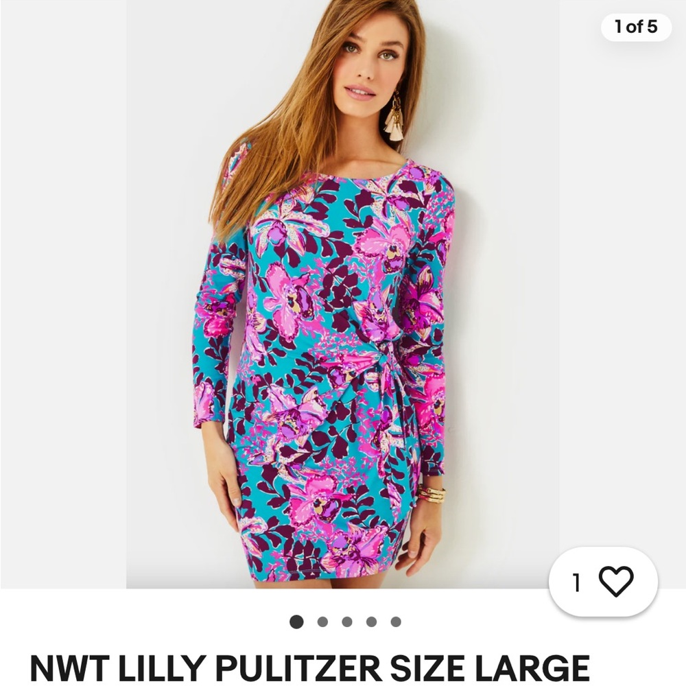 Lilly Pulitzer Turquoise & Pink Floral Tie-Waist Long Sleeve Dress